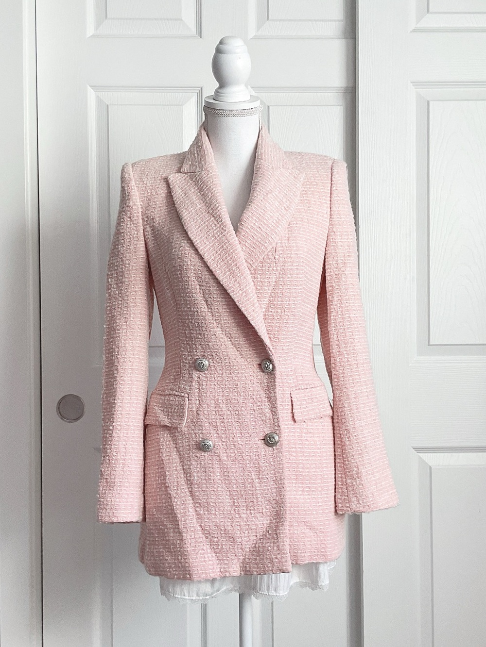 Womens Pink Tweed Double-Breasted Blazer Jacket